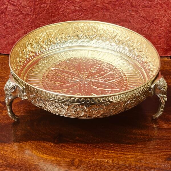 Brass Floral Embossed Urli with Elephant Trunk – 10 Inch | Tamboolam Plate