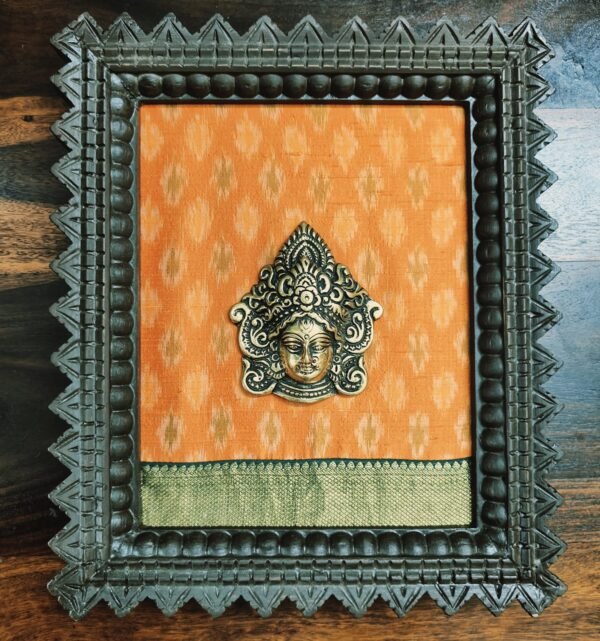 Brass Durga Face in Chettinad Teak Wooden Frame – Handcrafted Divine Wall Décor