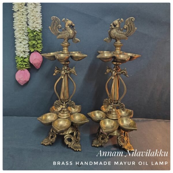 Brass handcrafted Annam Nilavilakku / Two Layered brass oil Lamp with traditional Annam pattern