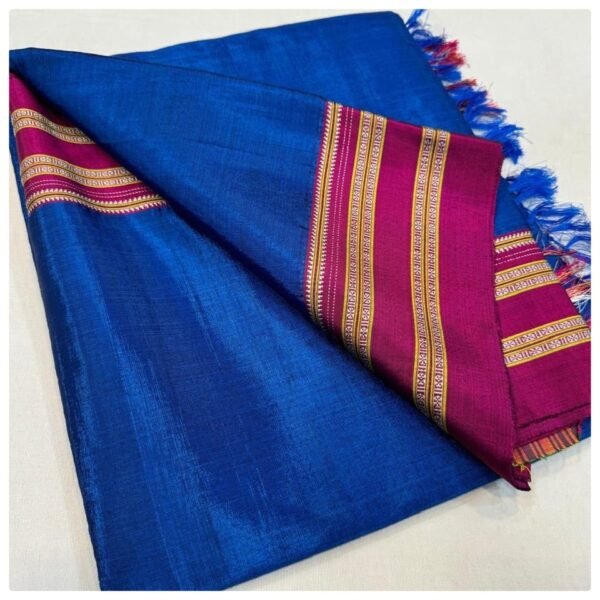 Authentic Handloom Ilkal Semi Silk Saree With Cotton Handwoven Gayathri Border - Royal Blue with Megenta Pink border
