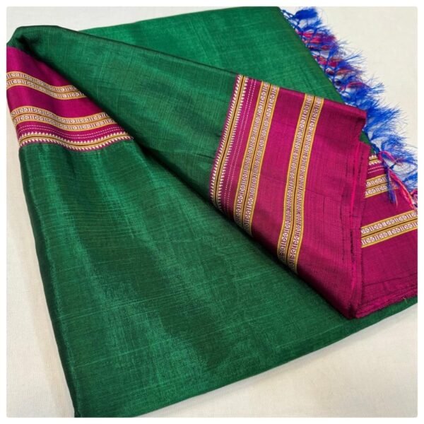 Authentic Handloom Ilkal SemiSilk Saree with Cotton Handwoven Gayathri Border - Dark Green with Magenta Pink border