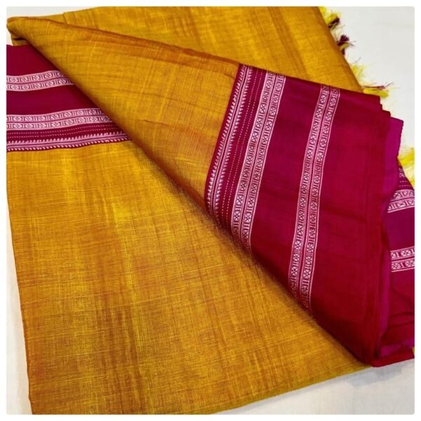 Authentic Handloom Ilkal Semi Silk Saree with Cotton Handwoven Gayathri Border- Mango Yellow with Red Border
