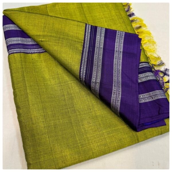Authentic Handloom Ilkal Semi Silk Saree with Cotton Handwoven Gayathri Border- Parrot Green with Blue Border