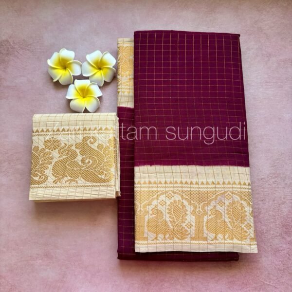 Zari Kattam Sungudi Cotton Saree with a Contrasting Blouse