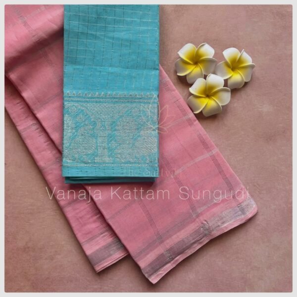 Vanaja Kattam Sungudi Cotton Saree With Silver Border- Light Pink Colour