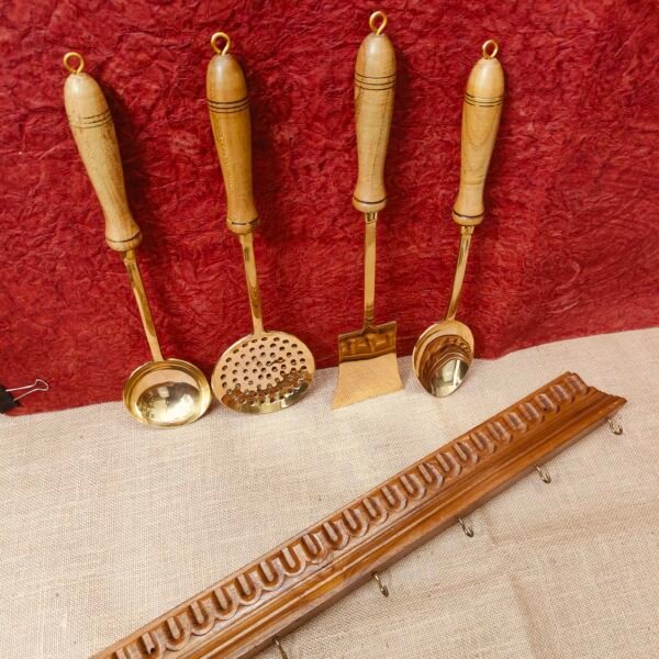 Premium Brass Ladle Set with Teak Wooden Holder | Handcrafted Kitchen Hanging Combo