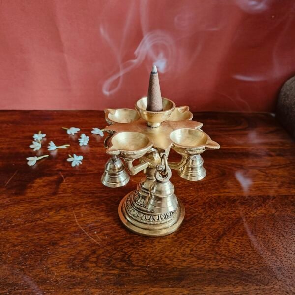 Brass Dhoop Holder with Bell – Traditional Panch Aarti Design