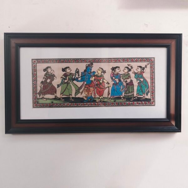 Raas Leela | Krishna with Gopis | Hand-Painted Pattachitra on Silk (Framed Wall Art)
