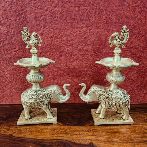 Handcrafted Brass Elephant Diya with Peacock Top – Traditional Pooja Oil Lamp