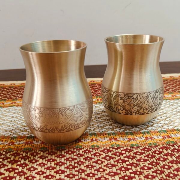 Matte Finish Pure Kansa Glass – Hand-Etched Pattern - Set of 2