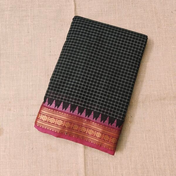 Kanchi Pure Cotton Checked Saree with Contrast Zari Border