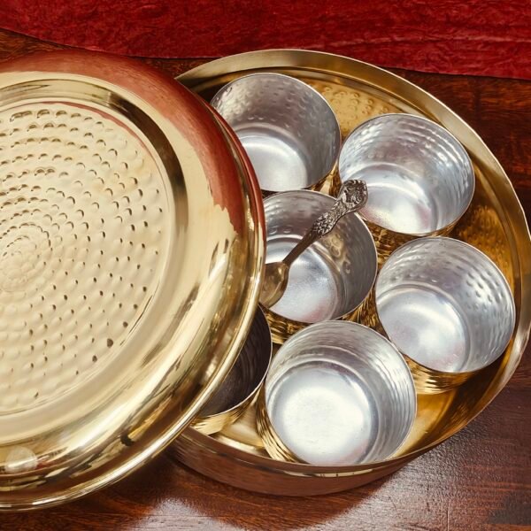 Premium Brass Hammered Anjaraipetti (Masala Box) with Tin Coated Cups – 8 Inch Traditional Spice Box