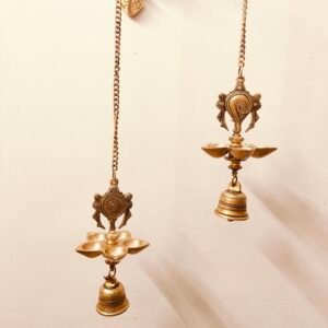 Brass Shanku Chakra Hanging Diya with Bell – Traditional Temple Hanging Oil Lamp