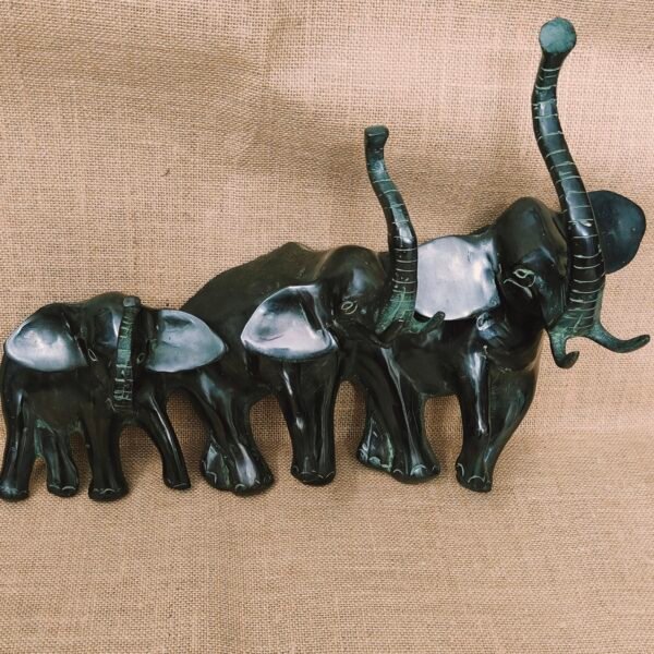 Brass Elephant Family Wall Décor with Raised Trunks – Symbol of Good Luck & Strength