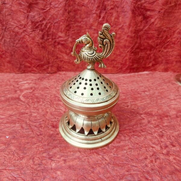 Traditional Brass Dhoop Dani Holder with Peacock Handle – Brass Incense Burner for Pooja