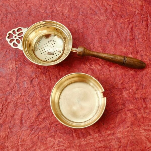 Brass Tea Strainer with Resting Bowl & Wooden Handle