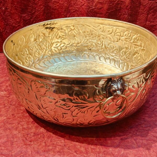 Brass Embossed Urli with Ring Handle – 14 Inch Premium Decorative Bowl for Festive & Pooja Decor