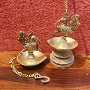 Handcrafted Brass Peacock Hanging Single Wick Diya (Set of 2)