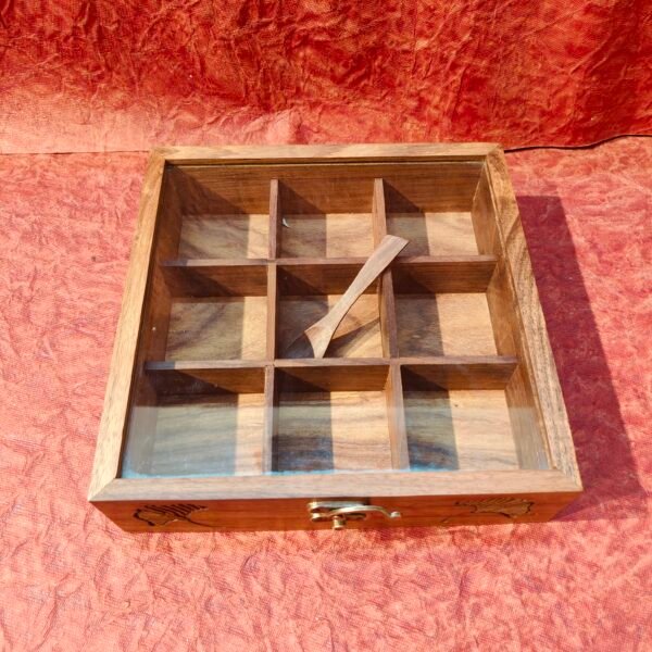 Handcrafted Sheesham Wooden Masala Dabba with Glass Lid | 9 Compartments | Hand-Engraved Floral Spice Box