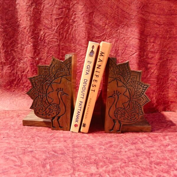 Handcrafted Sheesham Wood Peacock Book Holders | Wooden Bookends for Home & Office Decor