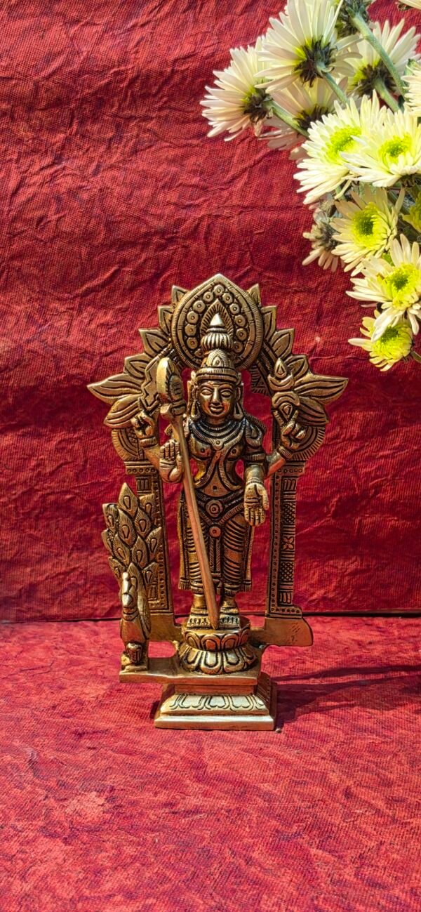 Handcrafted Antique Finish Brass Murugar Idol with Prabhavali – 7.5 Inches | Brass Lord Murugan Statue for Home Temple