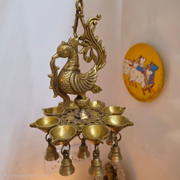 Handcrafted Brass Peacock Hanging Diya with Bells - 34 Inches